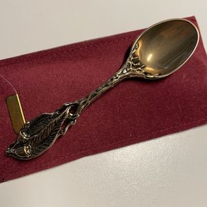 JJK Australia signed Eucalyptus/Gum Tree leaves gold brass tea spoon - vintage